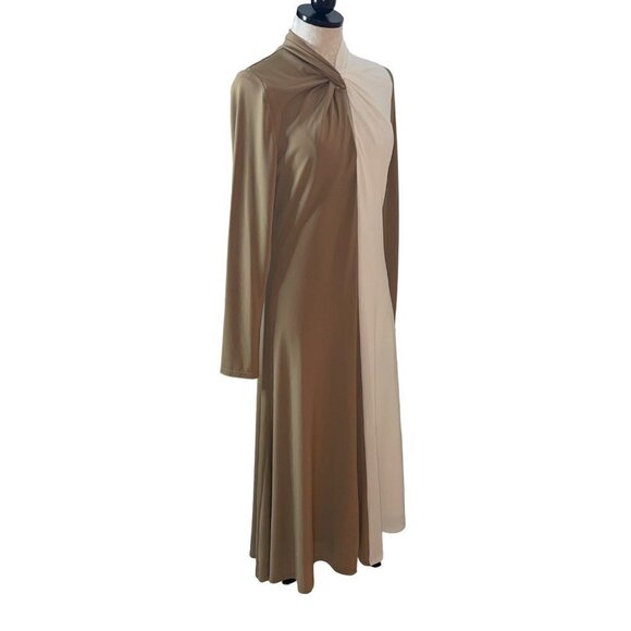 Halston Adelina Jersey Dress Size 8 Tan White Colorblock Twisted Neck Pullover - Picture 8 of 9
